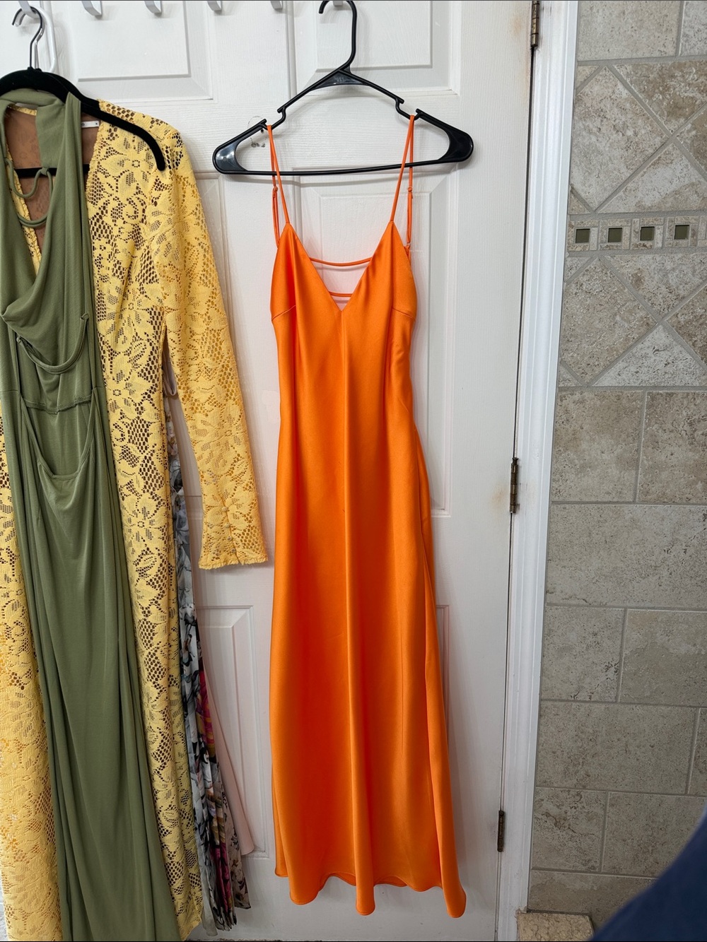 Zara Orange Satin Slip Maxi Dress with Spaghetti Straps